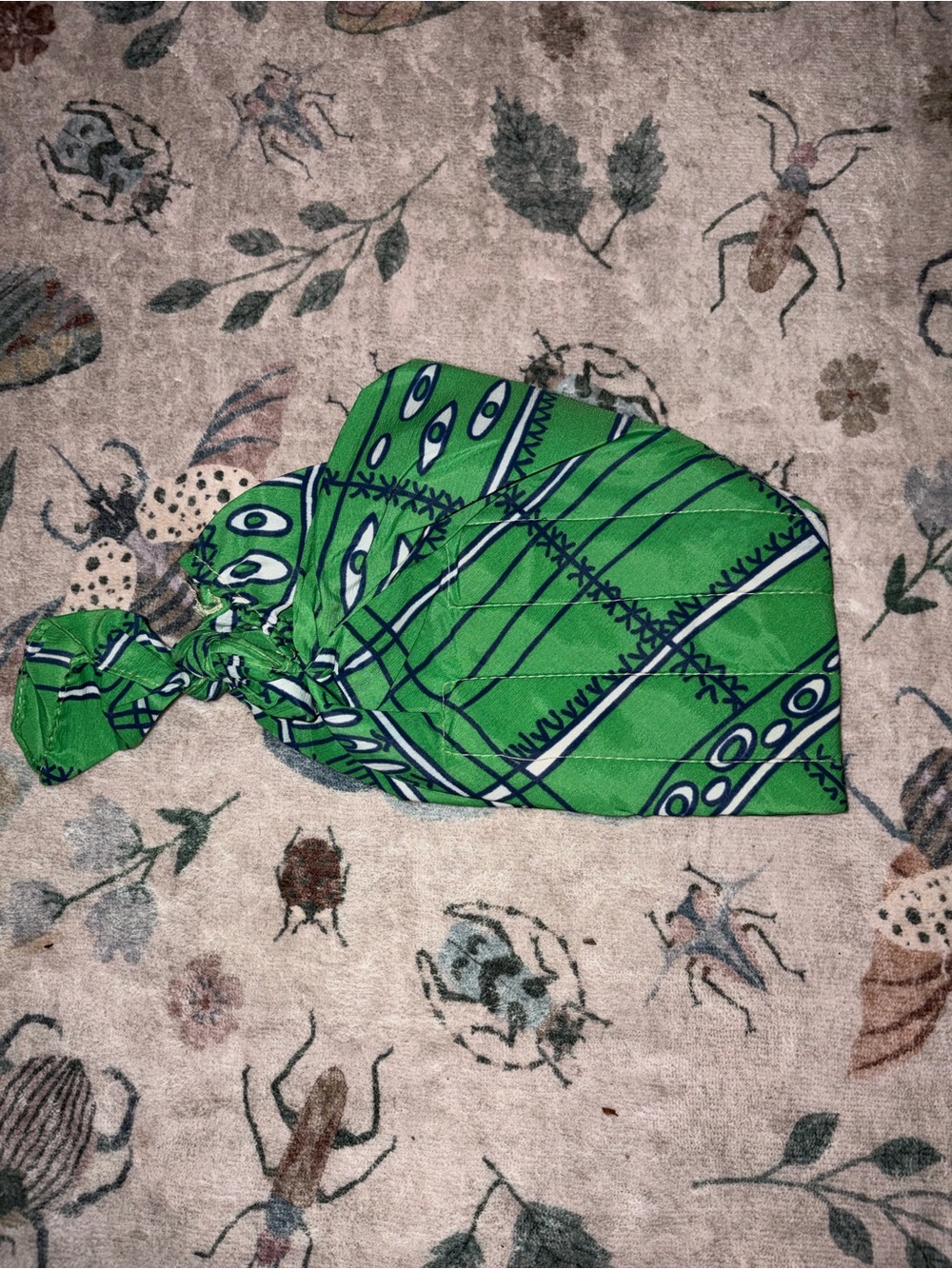 Vintage 1970s Green Pop Art Eye Print Polyester Tie Back Soul Cap